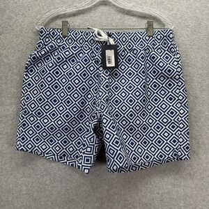 Collars & Co Swim Trunks Mens Medium Blue Navy Geo Print Lined Drawstring